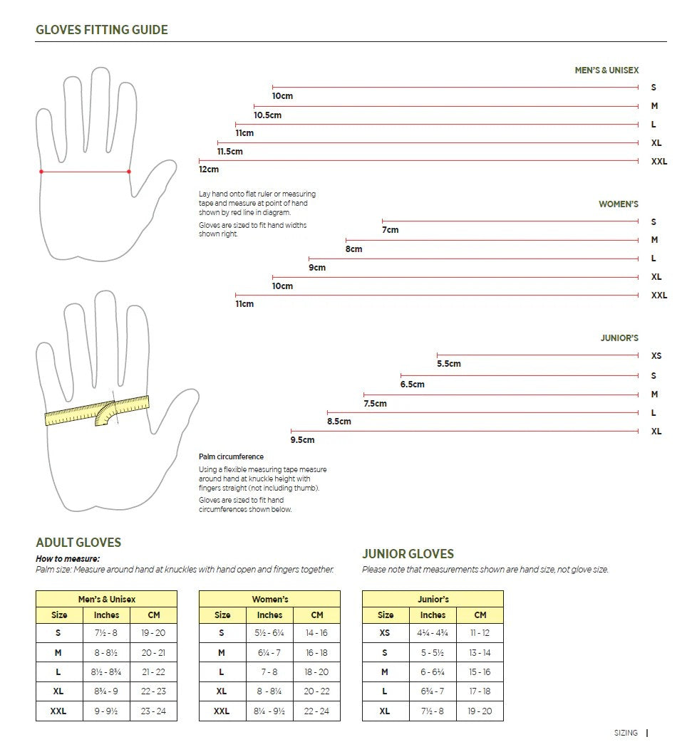 Gloves fitting guide with measurements for different sizes.